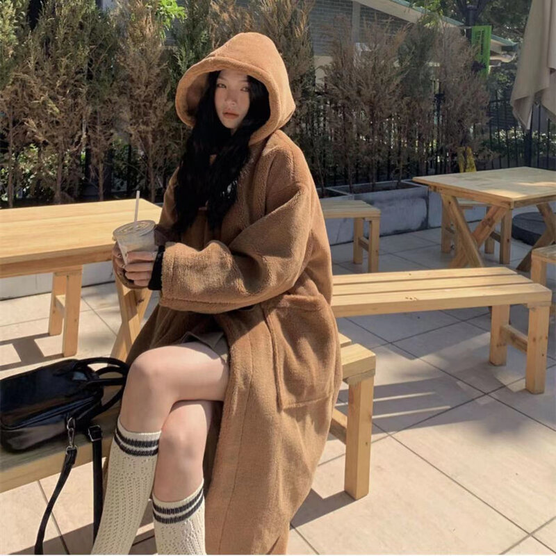 CGC Lambswool Winter Long Coat Women 2023 Korean Fashion Thickened Warm Hooded Winter Jacket Solid Color Female Padded Jackets