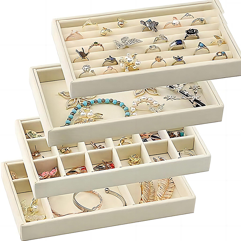 Velvet Jewelry Tray Storage Drawer Small Stackable Beige Jewelry Boxes and Packaging Suitable for Ring Earrings Simple Practical