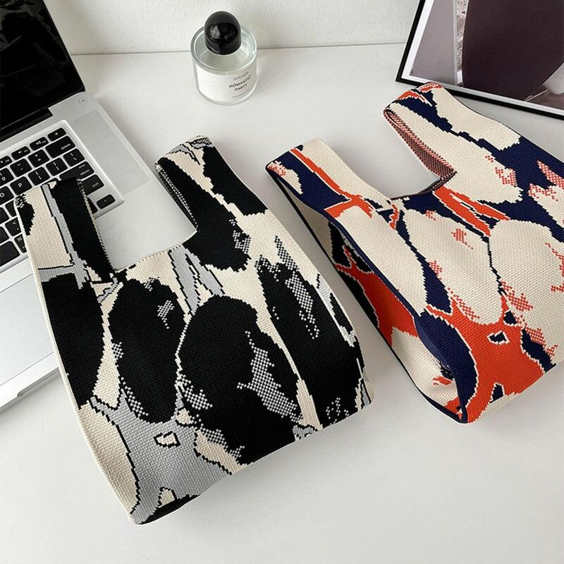 New Fashion Handmade Wide Stripe Knit Handbag Women Mini Wrist Bag Casual Color Plaid Tote Bag Student Shopping Bags