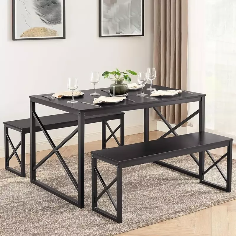 Wood Dining Room Dinette Sets With Metal Frame for Breakfast Nook and Small Space Black Home Furniture 43.3