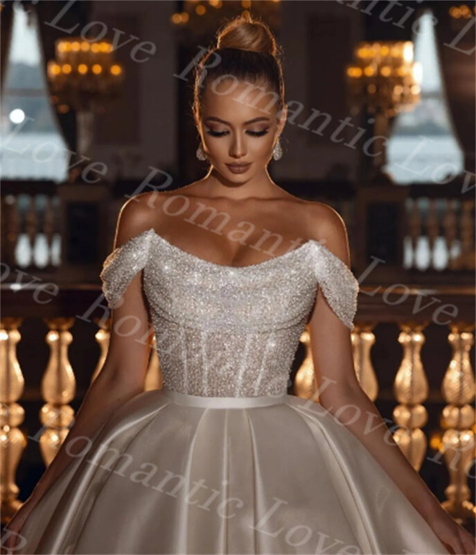 2024 удивительное бальное платье с блестками, свадебные платья со съемным атласом, современные свадебные платья с открытыми плечами