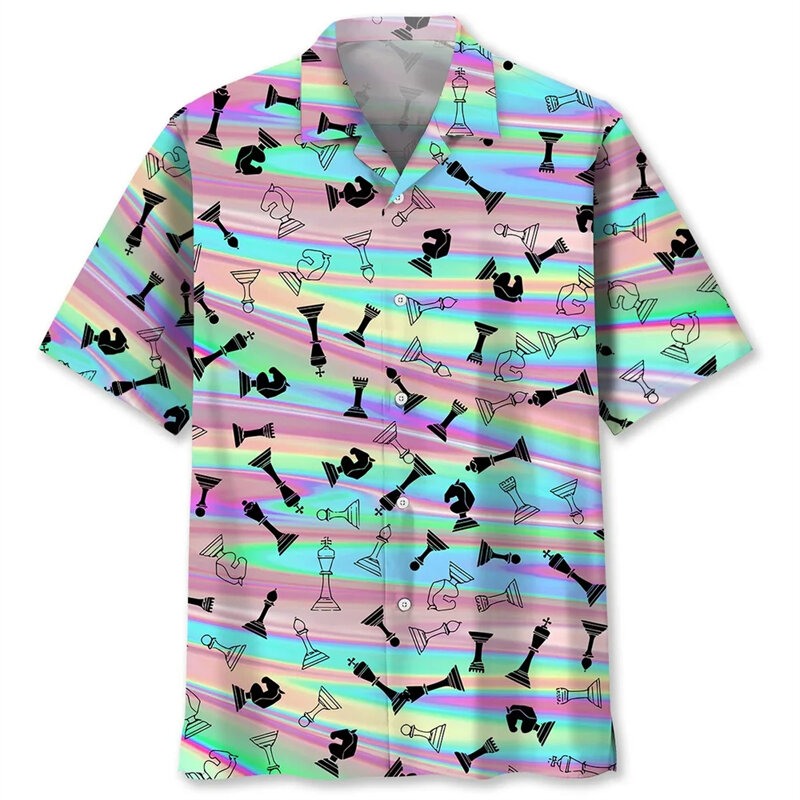 Рубашка с шахматным принтом для мужчин и женщин, модная однобортная Гавайская блузка с короткими рукавами, одежда для мужчин, лето