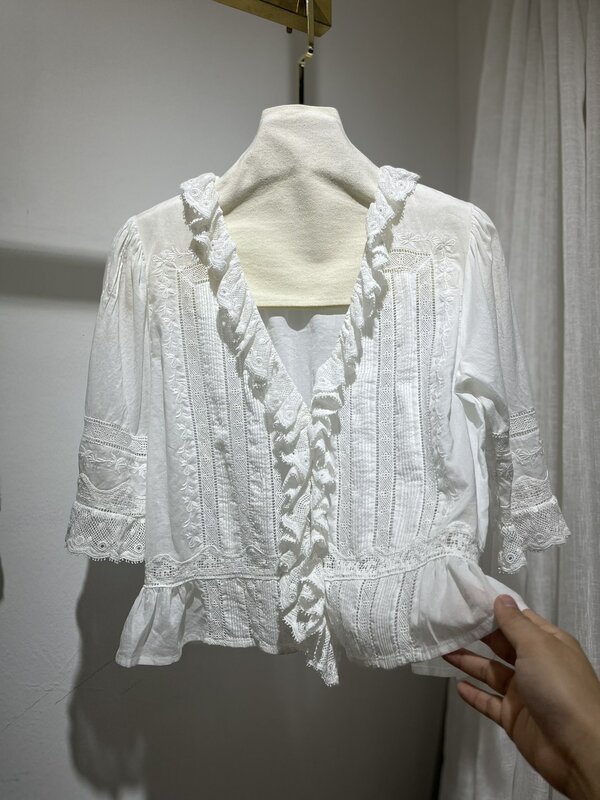 Blusa bordada renda babados borda para mulheres, manga curta, camisa casual de peito único
