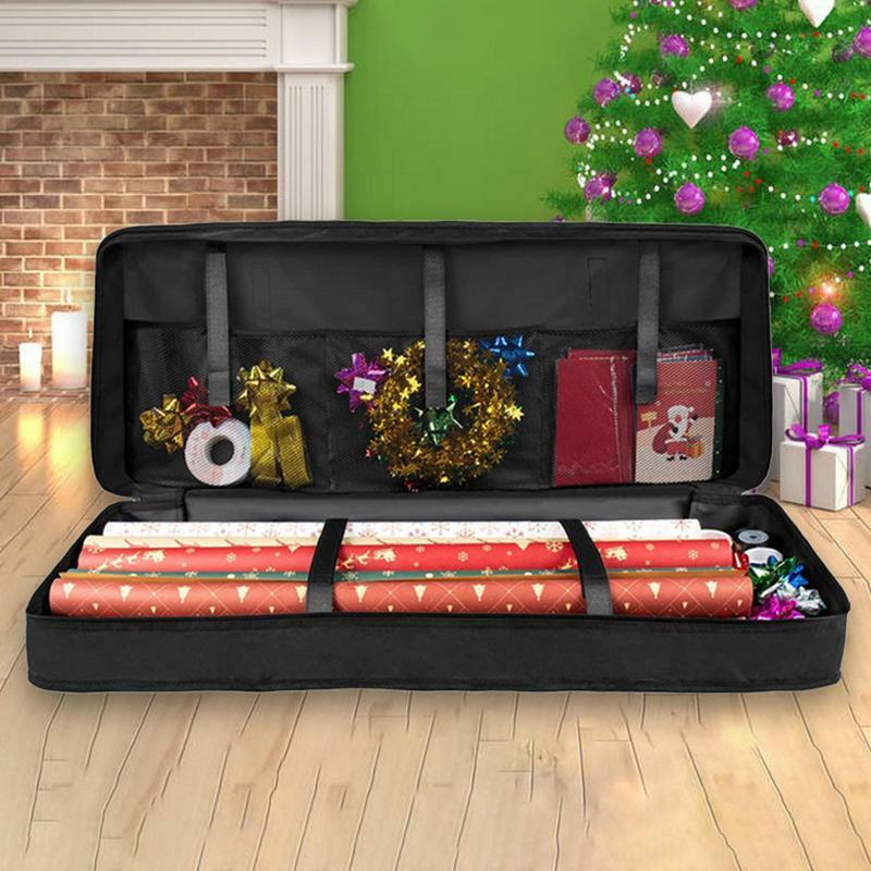 Christmas Gift Wrap Storage Bag, Organizador de armazenamento Underbed com alças grossas, Xmas Wrapping Paper Box, preto