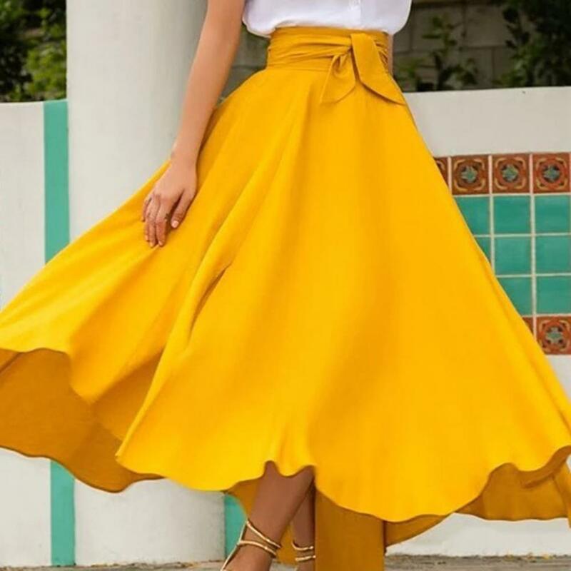 Women's Solid Color High Waist A Line Skirt Fashion Slim Waist Bow Belt Pleated Long Maxi Skirts Red Orange Yellow 2023 Summer