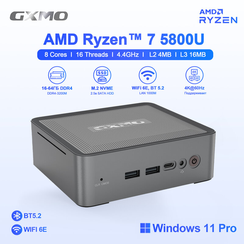 GXMO-Mini PC AMD R7 5800U, Win11, RJ45, 1000M, WiFi, 6E, BT 5,2, 4K, HDMI, M.2, NVME, SSD, para juegos