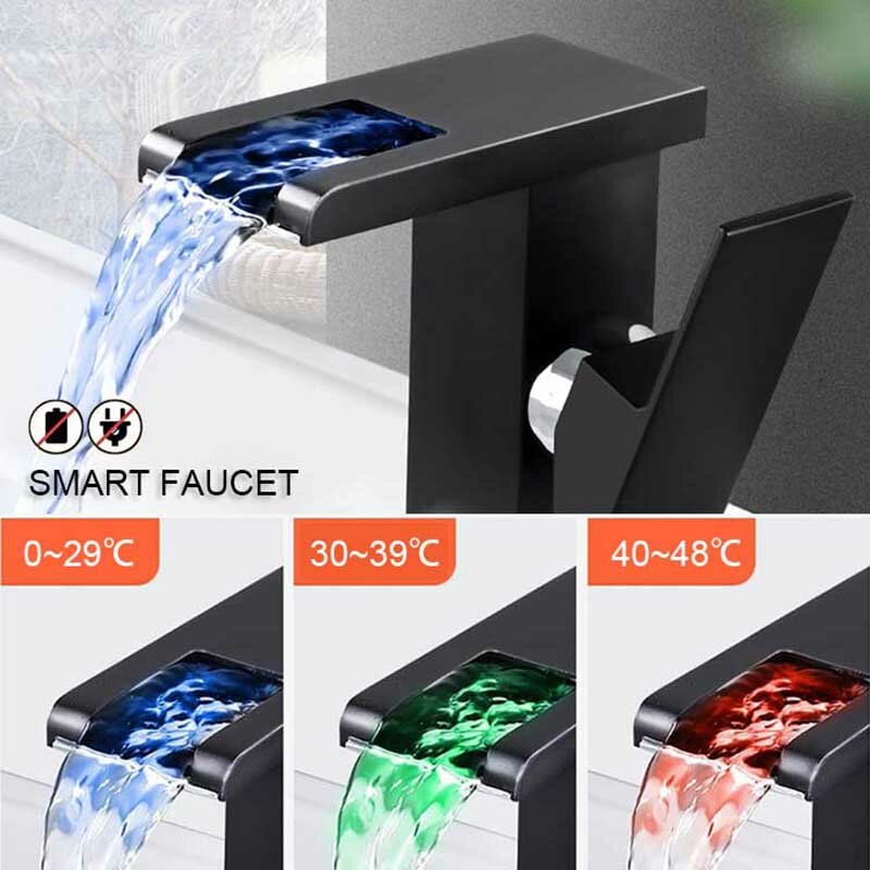 NEW LED Luminous Waterfall Faucet Hot and Cold Color Changing Mixer Tap Square Wash Basin Bathroom Cabinet Faucet Copper Alloy