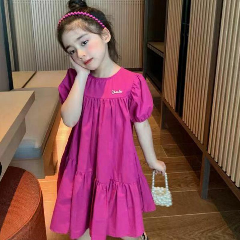 Children Girls Sweet Princess Dress Simple Puff Sleeve Solid Color Girls Fashion Breathable Dresses Clothing