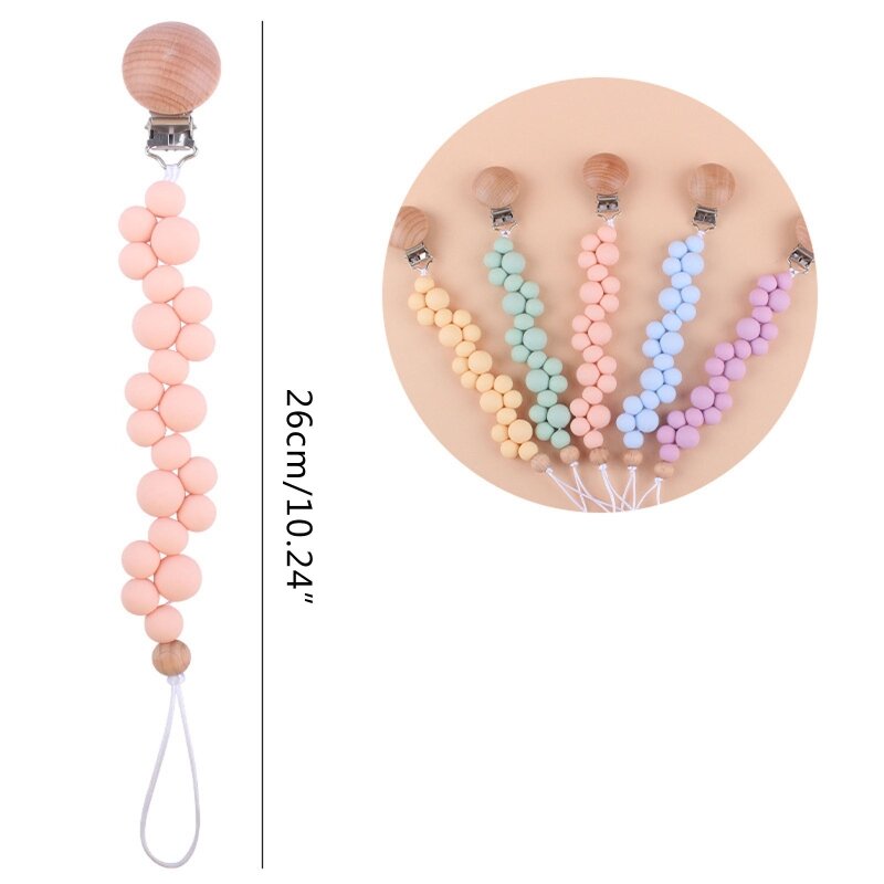 Baby Pacifier Chain Clip Nursing Soother Holder Silicone Beads Teether Beech Wooden Clip DIY Dummy Nipple Holder Leash G99C