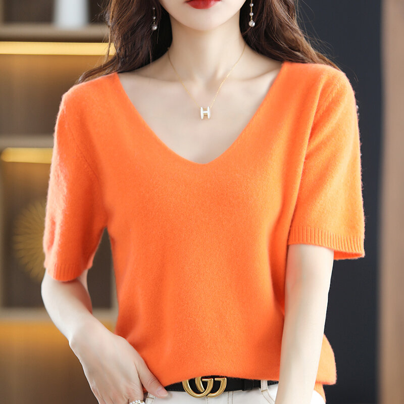 100% pure wool T-shirt spring and summer new women's V-neck pullover short sleeve slim five-point sleeve knit top