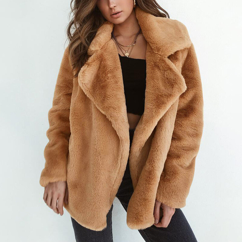 Kurtka damska Streetwear ciepła pluszowy płaszcz puszysta zimowa elegancka sztuczna futro odzież wierzchnia