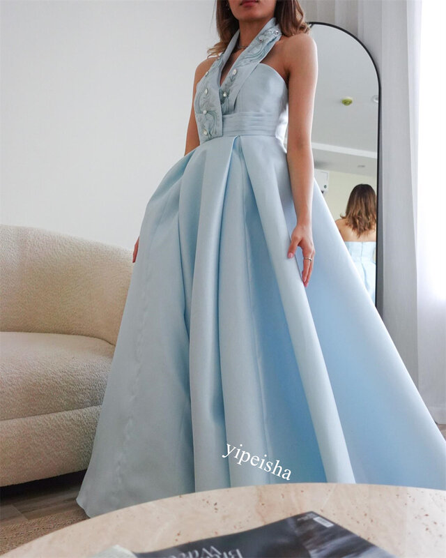 Gaun Prom Arab Saudi Charmeuse bordir pesta A-line Halter Bespoke gaun acara gaun panjang