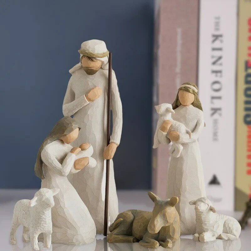 6pcs/set Resin Mini Nativity Scene Stable Figurine Statues Jesus Mary Joseph Catholic Miniatures Church Home Decor Ornament Gift