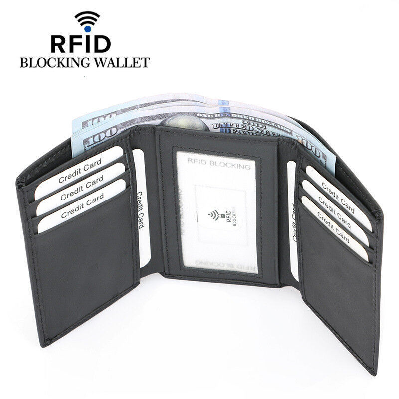 Carteira trifold de couro genuíno para homens, bolsa de bolso fina, suporte de cartão de bloqueio Rfid
