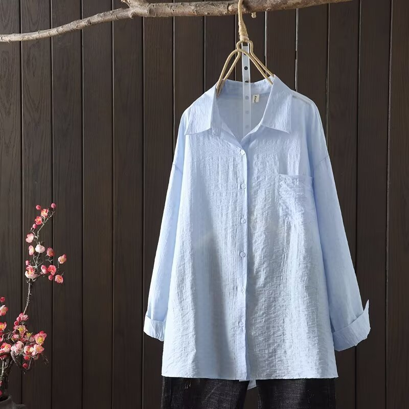 Блузка Женская Повседневная с длинным рукавом, Однотонная рубашка в японском стиле, одежда для женщин, большие размеры, на лето