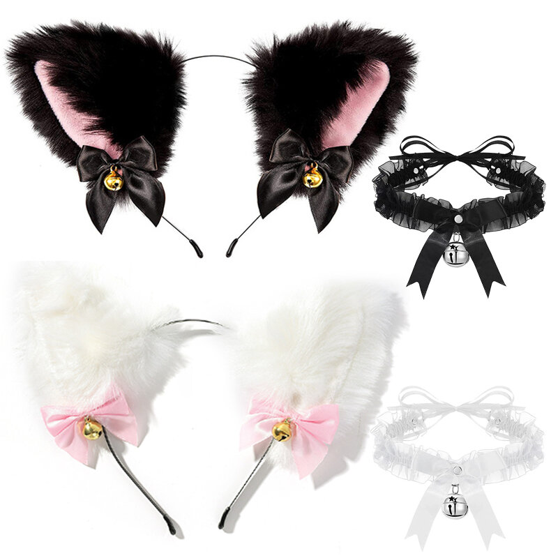 Diadema Sexy con orejas de gato para mujer y niña, collar de lazo de encaje, diadema de campana de felpa, disfraz de fiesta de Mascarada, accesorios para el cabello