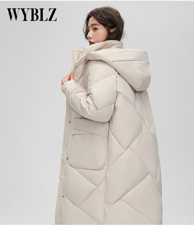Jaket bertudung untuk wanita, mantel panjang Parka musim dingin ramping hangat, jaket Puffer ukuran besar, mantel Luaran wanita
