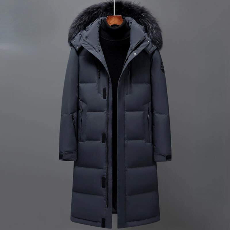 Jaket bulu angsa untuk pria, jaket Luaran musim dingin tahan dingin tipe panjang di atas lutut tebal ukuran besar bertudung kerah bulu buatan