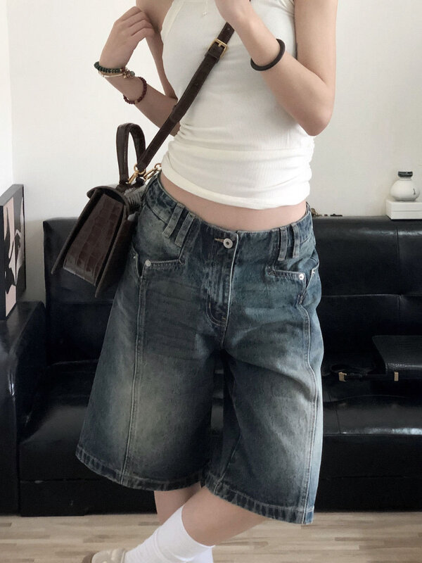 Женские джинсовые шорты QWEEK Y2K, винтажные мешковатые шорты с высокой талией, Корейская уличная одежда до колен, повседневные свободные потертые летние джинсовые широкие шорты