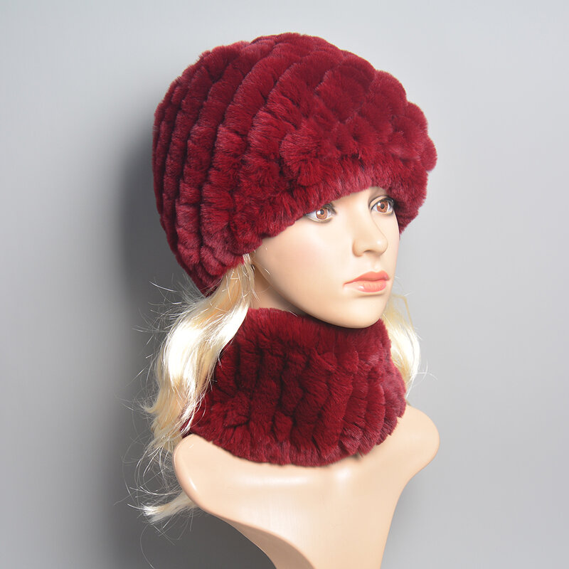 Chapéu e cachecol de pele de coelho real Rex para mulheres, lenços de malha para senhora, chapéu quente natural, inverno