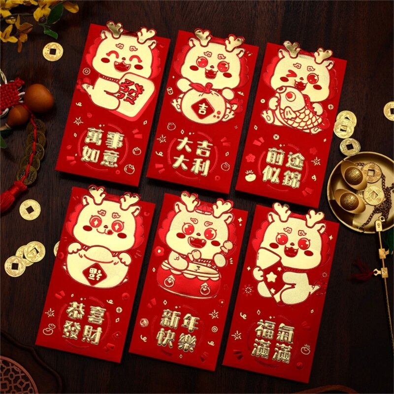 Pacote envelopes vermelhos festivos com 6, padrão criativo desenho animado para apresentação presente, pacote vermelho