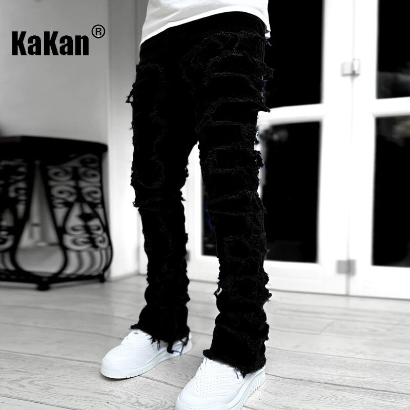 Kakan-Nieuwe Europese En Amerikaanse Zwaargewicht Streetwise Stretch Patch Jeans Voor Heren, High Street Straight Fit Lange Jeans16-3001