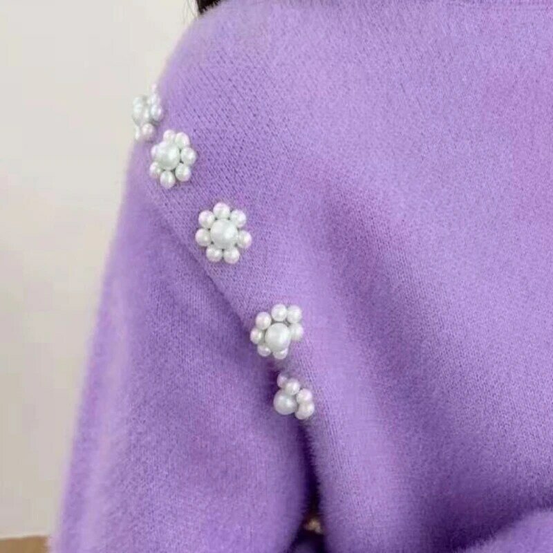 Suéteres de cuello simulado de 4 colores para mujer, suéteres de punto sólidos con personalidad, estilo coreano Simple y elegante, diseño de apliques, jerséis clásicos de otoño