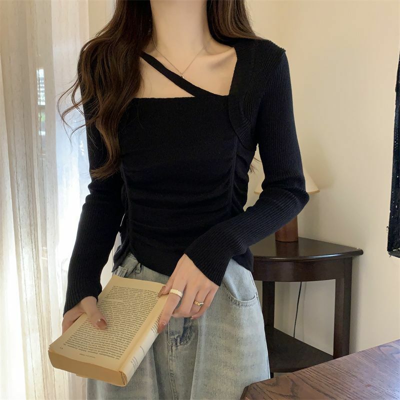 Pullover Casual da donna colletto quadrato Top Ruffles maglioni Chic Streetwear magliette da donna manica lunga squisita maglietta di base coreana