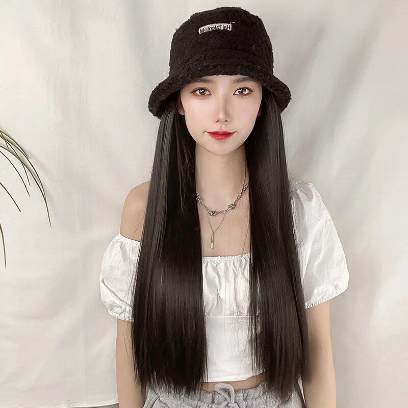 Women Hat Wigs Long Straight Hair High Temperature Fiber Synthetic Wigs Pelucas Hair Daily Party Use