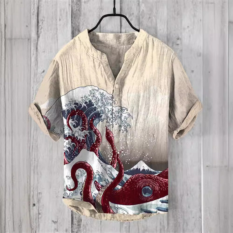Camisa de manga corta con cuello en V y estampado de ondas, camiseta suelta informal de moda de comercio exterior, camisa de lino de bambú, top
