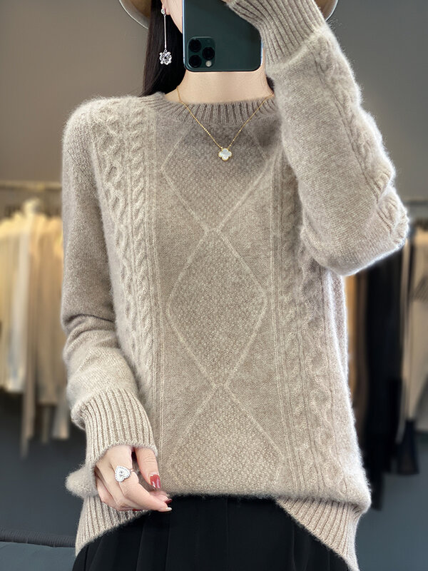 2024 New Fashion 100% Merino Wool Sweater O-Neck Long Sleeve Cashmere Women Knitted Pullover Autumn Winter Female Clothing Tops