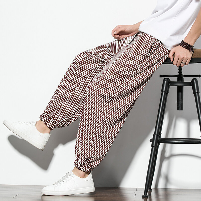 Cool Ice Silk Pants Korean Style Plaid Summer Casual Pants Mens Fashion Trousers Male Oversize Harem Pants Clothes Streetwear