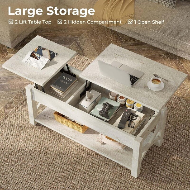 Coffee Table 47.2", 2 Way Lift Top Coffee Table with Hidden Compartment, Lift Top Coffee Table with Open Shelf & X Wooden