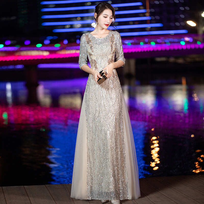Champagne Sparkly Stylish Sequins Cheongsam Half Sleeve Prom Party Dress Gown Collar Pleated Qipao Elegant Zipper Vestidos