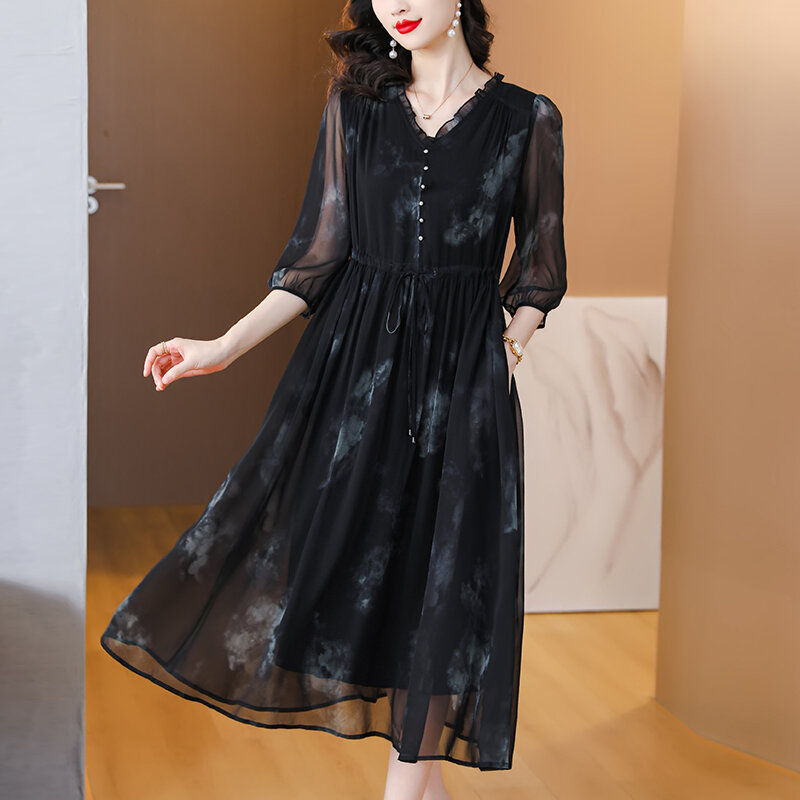 2023 Summer Black Silk Printed Short Sleeve V-Neck Dress with Mesh Lace Spliced Casual Waist Show Slender Skirt Knee Length Robe