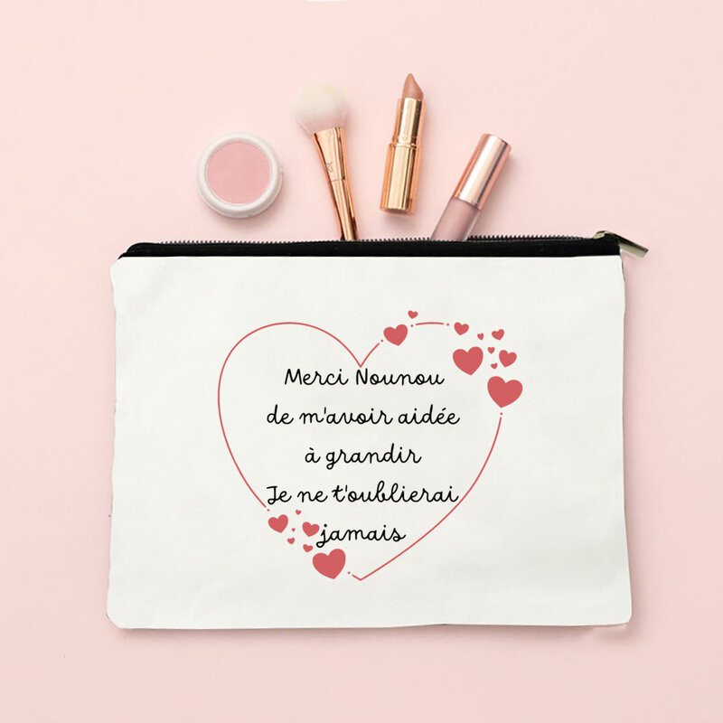 Merci-Nounou Print saco cosmético para mulheres, sacos de maquiagem, bolsa com zíper, organizador de viagem, presente para Nounou