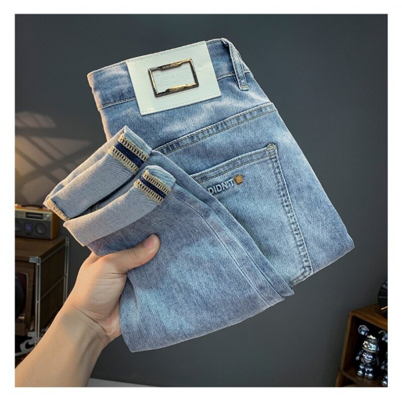2024new jeans men's summer thin fashion brand printed slim fit skinny stretch micro loose casual Korean style cropped pants