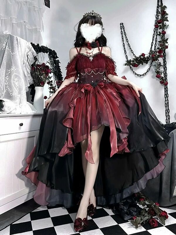 Costume da Lolita sposato con rosa rossa Costume di Halloween vestito con pompon abito da principessa orlo irregolare