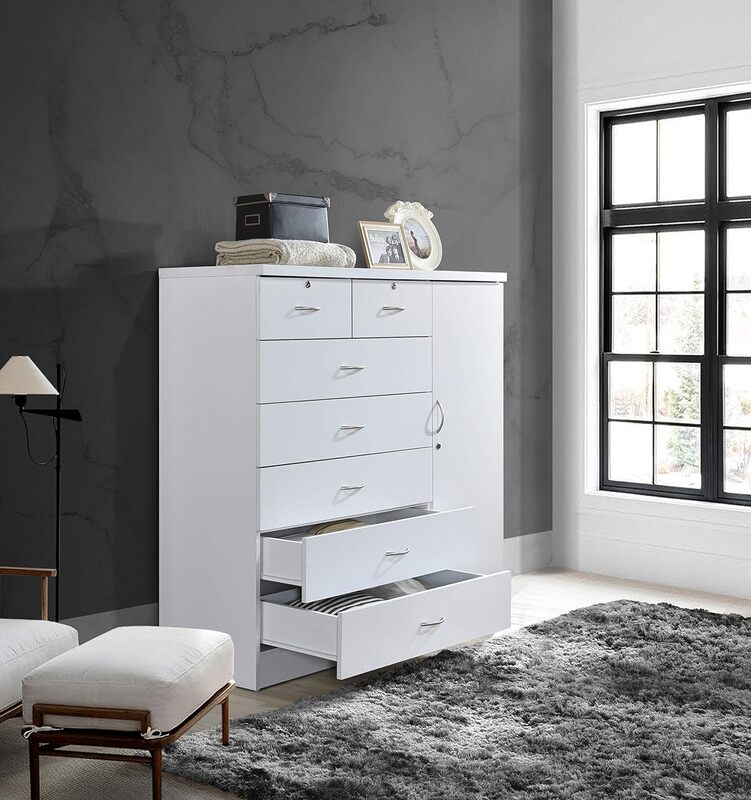 7 Drawer Jumbo Chest, Five Large Drawers, Two Smaller Drawers with Two Lock, Hanging Rod, and Three Shelves | White