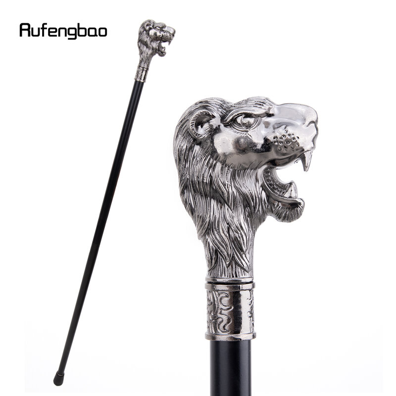 Sliver Lion Head with Mustache Single Joint Fashion Walking Stick Decorative Cospaly Party Walking Cane Halloween Crosier 93cm