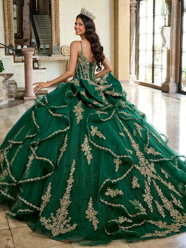 Shinny Sequins Golden Appliques Quinceanrra Prom Dresses Detachable Sleeve Princess Long Luxury Green Sweet 16 Dress Vestidos