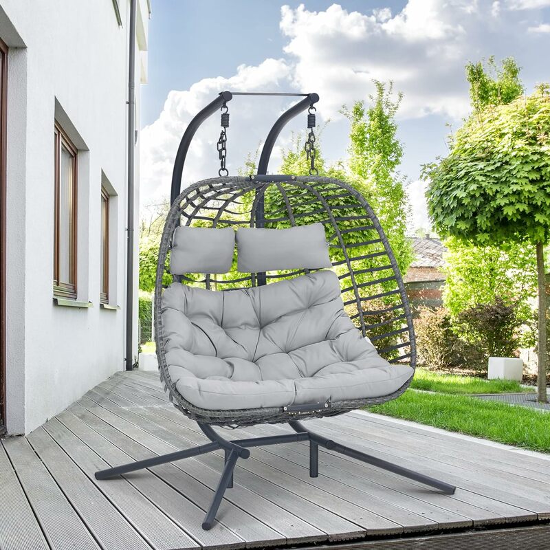 Double Swing Egg Chair with Stand, Large Hand-Woven Wicker Rattan Hanging Chair for 2 People, Porch Loveseat with Thick Cushion