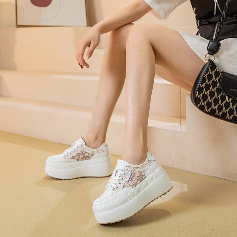 Hot sale 8cm Air Mesh Genuine Leather Embroider Women Breathable Hollow Chunky Sneaker Platform Wedge Flats Shoes Summer Sandals