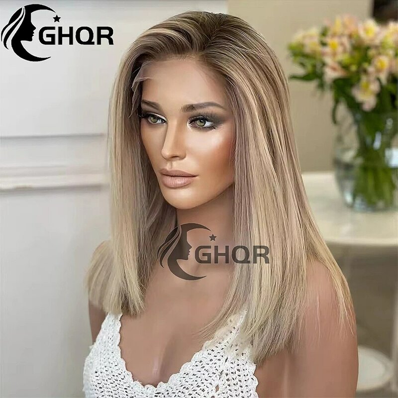 Ash Blonde Destaque Perucas de Cabelo Humano Bob, 13x4 Lace Front Wig, Direto, Transparente, Swiss Lace, Ombre Color, Glueless