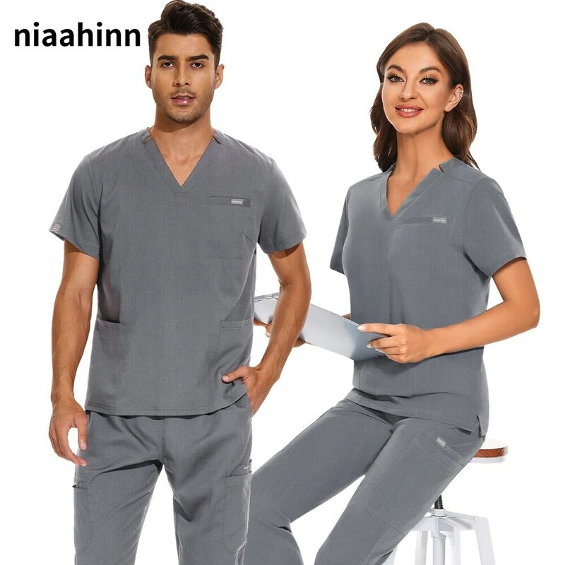 Uniform Krankenschwester Frauen Scrubs Tops Medizinische Tasche Uniform Männer Kurzarm V-ausschnitt Pflege Shirt Labor Spa Bluse Medizinische Zubehör
