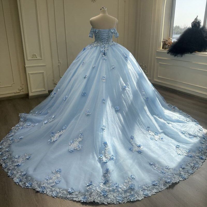 2024 new one-shoulder blue flower lace trailing wedding dress