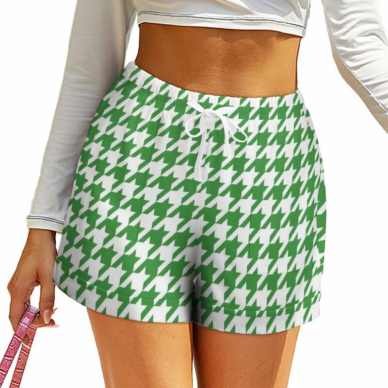 Celana pendek Houndstooth hijau celana pendek seksi pinggang tinggi elastis celana pendek kebesaran kasual wanita celana pendek musim panas Y2k bawahan kustom