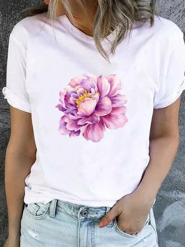 T-shirt Ladies Fashion Basic Women Graphic Short Sleeve Clothing Flower Lovely Style Trend 90s Tee Top Clothes Print T Shirt