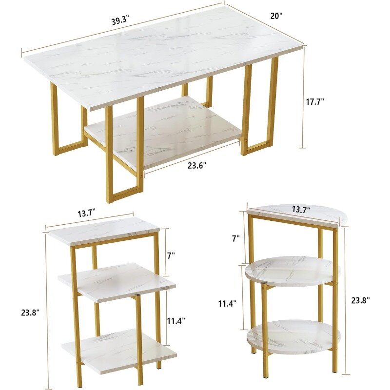 AWQM 인조 대리석 커피 테이블 세트, 커피 테이블 및 2 사이드 테이블, 금속 프레임, 3 피스 거실 테이블 세트, 완벽한