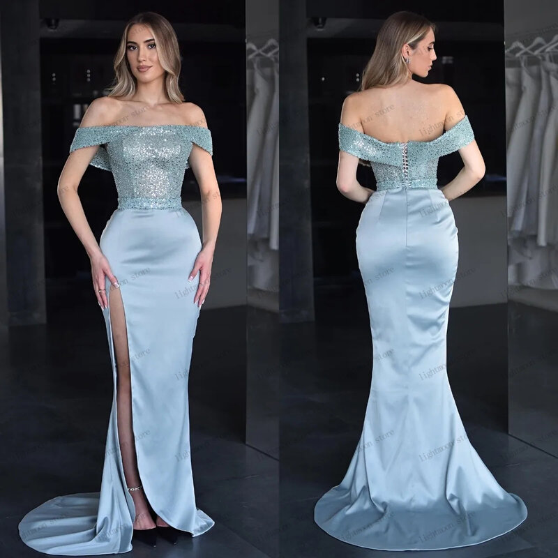 Gaun malam menawan gaun Prom bahu terbuka putri duyung ketat Glitter gaun Satin sederhana elegan Vintage Vestidos De Gala
